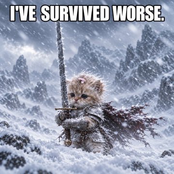A humorous meme showing a small fluffy kitten dressed in medieval armor, holding a sword in a snowy landscape with the text 'I'VE SURVIVED WORSE.' at the top.