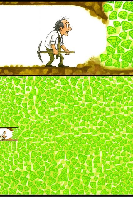A lone miner with a pickaxe stands before a massive wall of glowing green gemstones, dwarfed by the enormous treasure yet to be unearthed.

The image's visual metaphor of a single worker facing an immense wall of untapped riches perfectly complements the caption's message of perseverance—suggesting that even when the prize feels overwhelmingly large, you must keep digging one strike at a time for your breakthrough day to arrive.