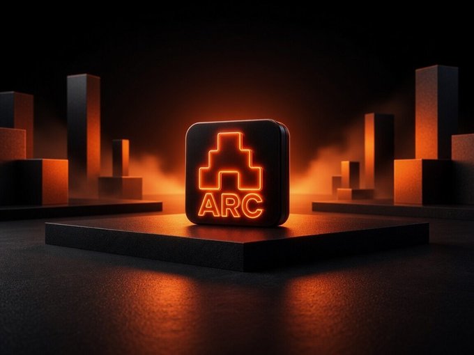 The image features an orange square with the word "ARC" written on it, sitting on top of a black platform or base. The background consists of several black cubes arranged in various positions, creating a visually striking contrast against the orange square. The caption below the image reads: "A recent post by @TheARCTERMINAL made me even more interested and curious: This morning, I woke up early and openedARC to check it. Last night, I just focused on the tasks I needed to do for the day and then went to sleep."