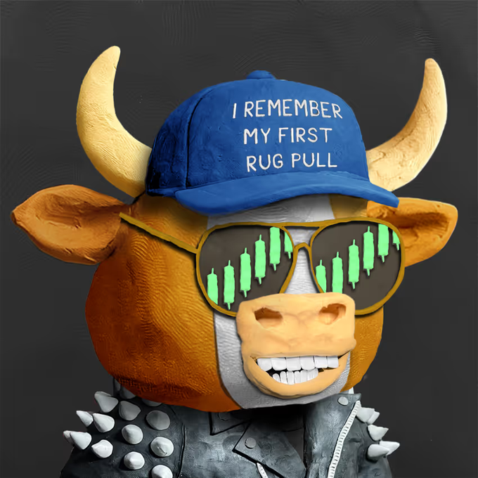 A 3D rendering of a bull character wearing a blue cap reading 'I REMEMBER MY FIRST RUG PULL', sunglasses with green candlestick chart reflections, and a spiked leather jacket.