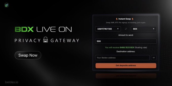 A dark promotional screen for Beldex showing "BDX LIVE ON PRIVACY GATEWAY" with an Instant Swap interface converting USDT (TRC20) to BDX, displaying a destination address of 6468.1533 BDX.
