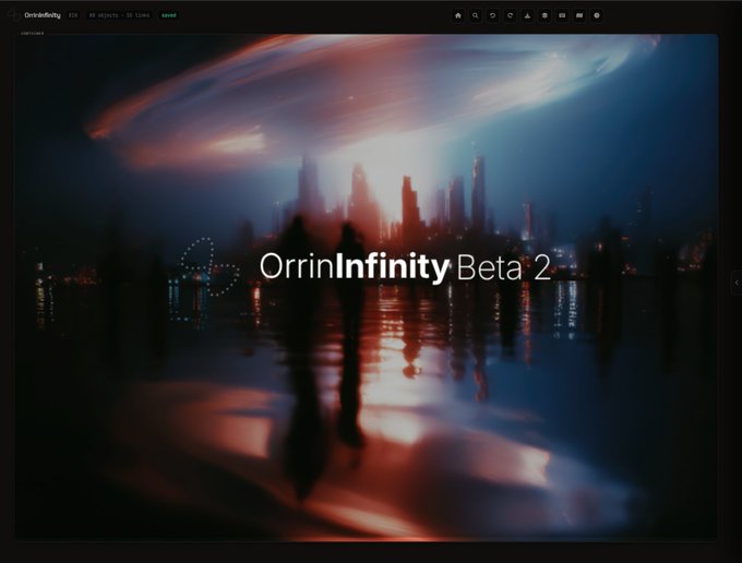 A website landing page titled 'OrrinInfinity Beta 2' featuring a moody, neon-lit cityscape reflected in water with silhouetted figures.