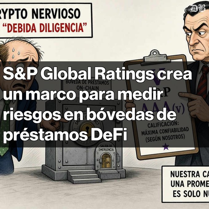 A cartoon illustration of a nervous crypto character with Spanish text announcing 'S&P Global Ratings crea un marco para medir riesgos en bóvedas de préstamos DeFi.'