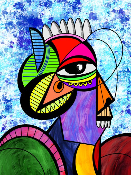 A colorful, abstract Cubist-style painting of a stylized figure with geometric patterns and bright multicolored sections against a blue textured background.