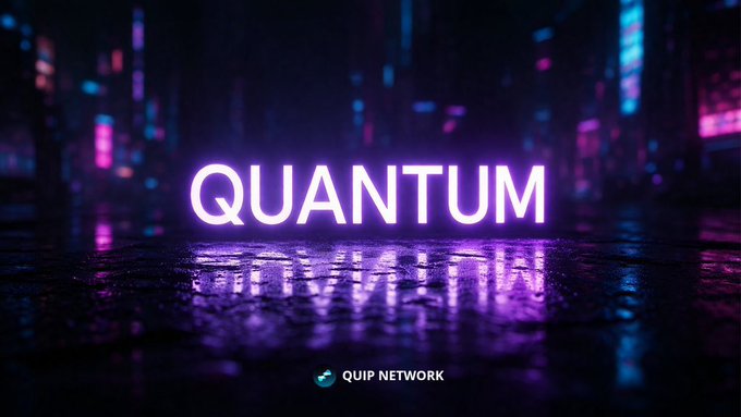 A glowing neon "QUANTUM" sign illuminates a dark, cyberpunk cityscape, reflecting on wet pavement, with the "QUIP NETWORK" logo displayed below. The image visually reinforces the post's theme of Quip Network preparing crypto for the quantum era through quantum-resistant technology.