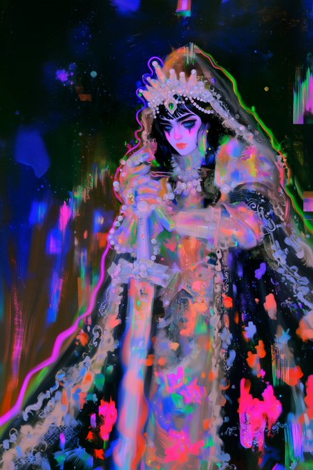 A vibrant, glitch-art style digital painting of a woman adorned with pearl jewelry and a crown, set against a dark background splattered with neon colors.