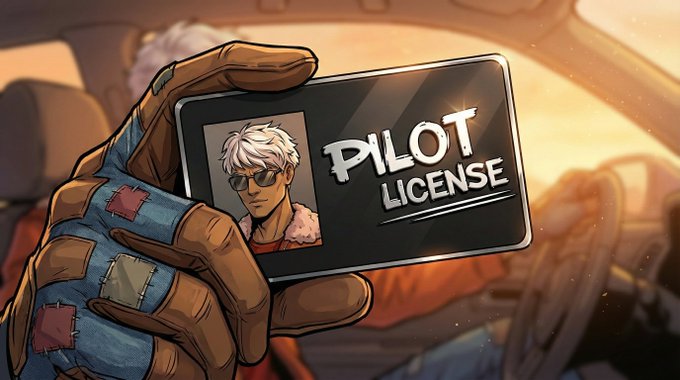 A digital illustration of a gloved hand holding a 'PILOT LICENSE' card featuring a stylized character with white hair and sunglasses, set against a warm sunset sky.