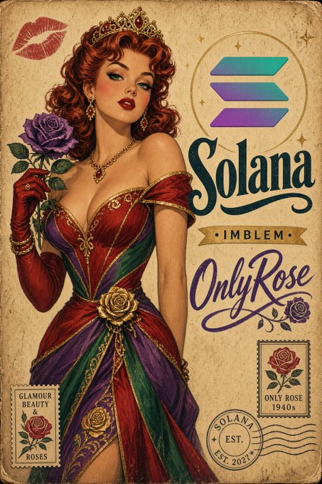 A vintage-style illustration of a glamorous red-haired woman in an ornate dress and crown holding a rose, alongside the 'Solana' cryptocurrency logo and the text 'OnlyRose' and '1940s'.