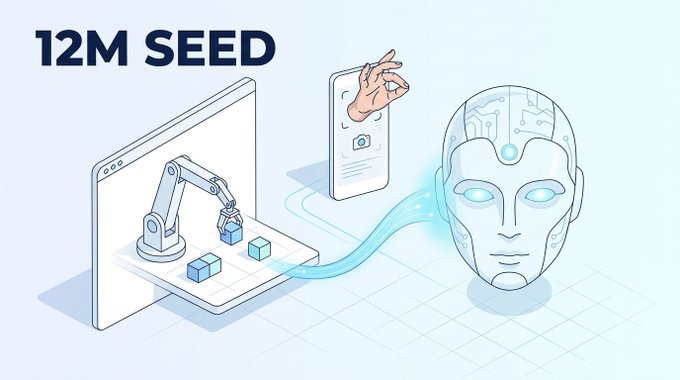An isometric illustration shows a robotic arm on a screen, a hand on a smartphone, and a robotic head connected by flowing blue lines, with the text '12M SEED' in the upper left corner.