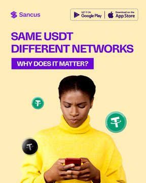 Promotional graphic for Sancus titled 'SAME USDT DIFFERENT NETWORKS - WHY DOES IT MATTER?' featuring a woman in a yellow turtleneck looking at her phone, with Tether coin icons floating around her.