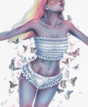 An illustration of a blue-skinned woman with blonde and pink hair wearing a white two-piece swimsuit, surrounded by butterflies.