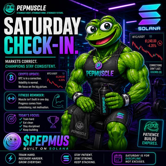 The image features a cartoon frog wearing a black tank top with "Saturday check-in" written on it, sitting on a bench surrounded by various fitness equipment such as dumbbells and a weight machine. The text in the image suggests that the frog is promoting Bitcoin or cryptocurrency, possibly related to fitness or health, and encourages people to stay patient and disciplined when working out, just like they should be with their investments in Bitcoin or other digital assets.