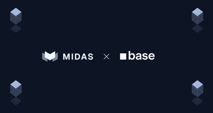The image features a partnership announcement displaying the logos "MIDAS" and "base" (Base blockchain) against a dark navy background, visually representing the collaboration mentioned in the post where Midas RWA is bringing Fasanara Capital's global alternative debt strategy to the Base network.