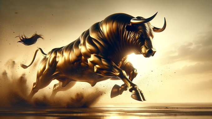 A digital artwork of a muscular golden bull charging forward through dust against a hazy, sunlit background.