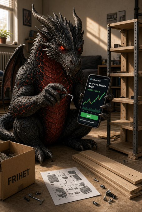 An AI-generated image of a dragon-like creature with red glowing eyes sitting in a room, looking at a smartphone displaying a stock chart for 'ARTIFICIAL DRAGON' ($AD) with a BUY button, surrounded by IKEA-like assembly parts.
