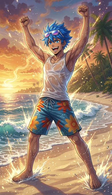 The image features a man standing on a beach with his arms raised high in the air, wearing a white tank top and blue shorts. The background of the image shows an ocean view with waves crashing onto the shoreline. There are no texts or other objects present in the image, making it a simple yet striking composition that captures the essence of a beach scene at sunrise.