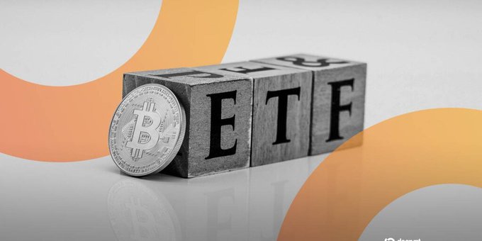 An image showing a Bitcoin coin leaning against stone blocks spelling 'ETF', with orange decorative curves in the background.