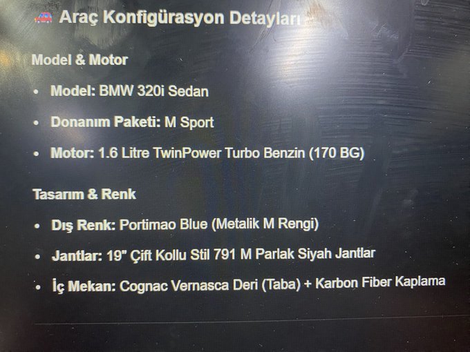 A screen displaying a Turkish vehicle configuration page for a BMW 320i Sedan (M Sport, 1.6L TwinPower Turbo, 170 HP) in Portimao Blue with Cognac Vernasca leather interior, which appears unrelated to the post's message declaring "Kripto benim için bitmiştir. Teşekkürler $AGR" (Crypto is over for me. Thanks $AGR).