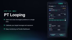 A promotional graphic with the heading 'PT Looping' explaining how to open and close leveraged positions in a single click, calibrate leverage, and monitor profits via a Pendle Dashboard.