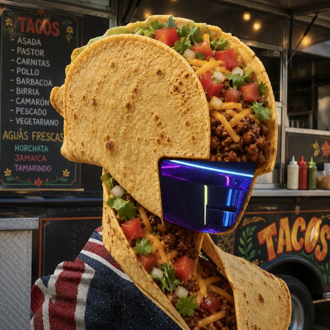 A surreal image of a person wearing a taco-shaped helmet, standing in front of a taco truck with a menu listing ASADA, PASTOR, CARNITAS, POLLO, BARBACOA, BIRRIA, CAMARÓN, PESCADO, VEGETARIANO, and AGUAS FRESCAS (HORCHATA, JAMAICA, TAMARINDO).