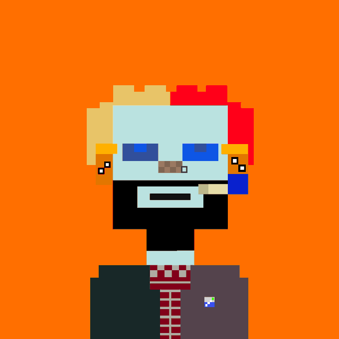 A pixel art character with half-blonde, half-red hair, blue eyes, a beard, and earrings, smoking a cigarette, wearing a dark suit with a red and white striped tie against an orange background.