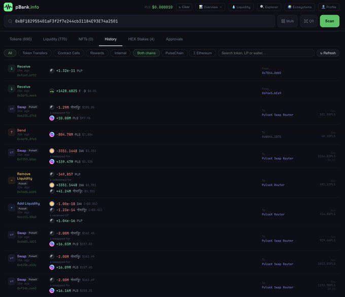 A screenshot of the pBank.info interface displaying transaction history for a wallet, showing details such as receives, sends, swaps, and liquidity additions involving PLS and HEX tokens.