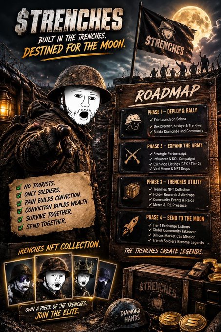 A promotional roadmap graphic for the cryptocurrency project **$TRENCHES** featuring a soldier mascot in a WWI-style trench with a moon-lit sky, outlining four phases: Deploy & Rally, Expand the Army, Trenches Utility, and Send to the Moon—covering Solana launch, DEX listings, NFT collections, and global exchange listings. The tagline reads "Built in the Trenches. Destined for the Moon," directly visualizing the post's message about a strategic, multi-phase plan to build a long-term ecosystem from military-themed NFTs to lunar ambitions.