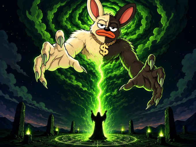 A surreal digital illustration depicting a furry monster creature with a dollar sign necklace reaching out with large clawed hands over a small cloaked figure casting green lightning magic in a ritual circle.