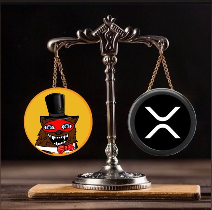 An ornate silver scale balances two circular icons: on the left, a cartoonish dog wearing a top hat and red mask on an orange background, and on the right, the white XRP cryptocurrency logo on a black background.