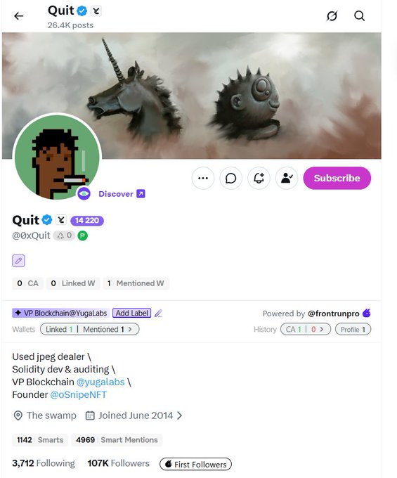 A Twitter/X profile page for 'Quit' (@0xQuit) with a pixel art avatar, banner featuring creature illustrations, and bio mentioning 'Used jpeg dealer,' 'Solidity dev,' and 'Founder @SnipeNFT.'