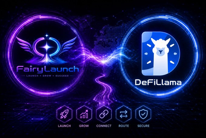 A promotional graphic for 'FairyLaunch' and 'DeFiLlama' featuring their logos connected by neon energy, with icons below labeled LAUNCH, GROW, CONNECT, ROUTE, and SECURE.