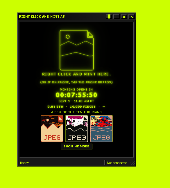 A bright green NFT minting interface with a countdown timer showing '00:07:55:50' until minting opens at Sept 9 11:00 AM PT, with a price of 0.01 ETH and instructions to 'RIGHT CLICK AND MINT HERE'.