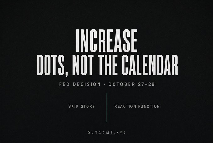 Title card with bold white text on a black background reading 'INCREASE DOTS, NOT THE CALENDAR' with subtitle 'FED DECISION · OCTOBER 27-28' and options 'SKIP STORY' and 'REACTION FUNCTION', branded 'OUTCOME.XYZ'.