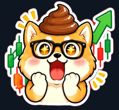 A cartoon sticker of a smiling Shiba Inu dog wearing black glasses with a pile of poop on its head, surrounded by green upward arrows and red candlestick chart elements.