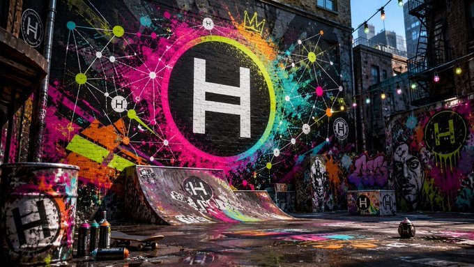 A vibrant urban graffiti scene featuring a large white 'H' logo inside a rainbow circle with a crown, surrounded by colorful paint splatters, network-style dots and lines, and a skate ramp also marked with the 'H' logo.