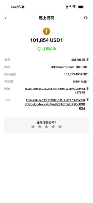 A Chinese cryptocurrency withdrawal success screen showing 101,854 USD1 withdrawn on BNB Smart Chain (BEP20), with transaction ID and address details.