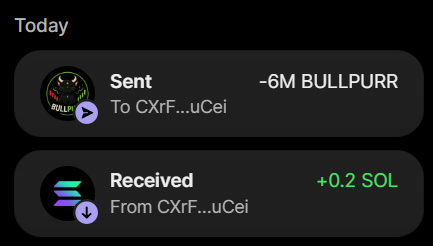 The image shows a crypto wallet transaction history confirming a "Sent" transaction of -6M BULLPURR and a "Received" transaction of +0.2 SOL to/from CXrF...uCei, visually verifying the successful purchase of 6 million $BULLPURR for 0.2 SOL as described in the post.