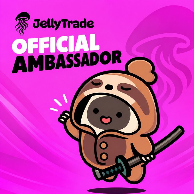 A cartoon character in a sloth-like onesie holds a sword against a pink backdrop, with text reading 'JellyTrade OFFICIAL AMBASSADOR'.