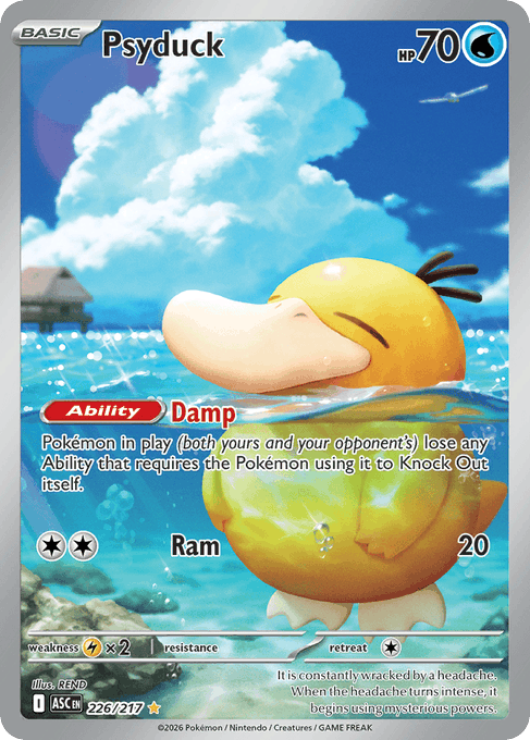 A Pokémon trading card featuring Psyduck with HP 70, showcasing the "Damp" ability and "Ram" attack (20 damage), with weaknesses to lightning (x2), illustrated against a tropical beach scene with water splashes.