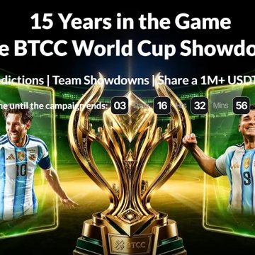 The image showcases a promotional graphic for "15 Years in the Game" BTCC World Cup Showdown, featuring a golden trophy between Lionel Messi (Argentina #10) and a player wearing #9, with a campaign countdown showing 03 days, 16 hours, 32 minutes, and 56 seconds remaining. The "BTCC Champions" team is highlighted as being in position #3, aligning with the post's call-to-action to join the squad and compete for a 1M+ USDT prize pool.
