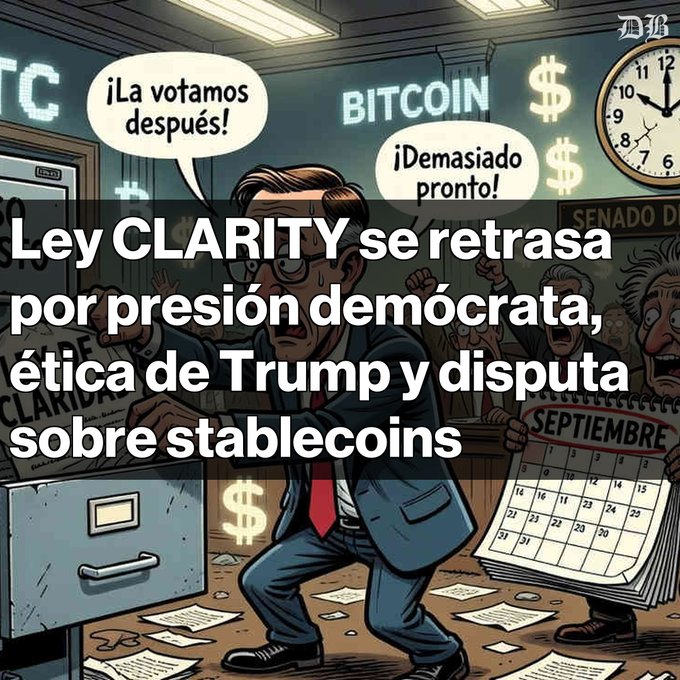 A Spanish-language political cartoon depicts a stressed man at a desk with Spanish speech bubbles saying '¡La votamos después!' and '¡Demasiado pronto!'; overlay text reads 'Ley CLARITY se retrasa por presión demócrata, ética de Trump y disputa sobre stablecoins'.