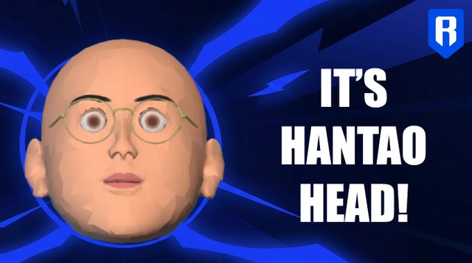 A bald, cartoonish disembodied head with glasses is displayed against a blue radiating background, accompanied by bold white text reading "IT'S HANTAO HEAD!" in the style of a video game thumbnail, with an "R" logo in the top right corner.