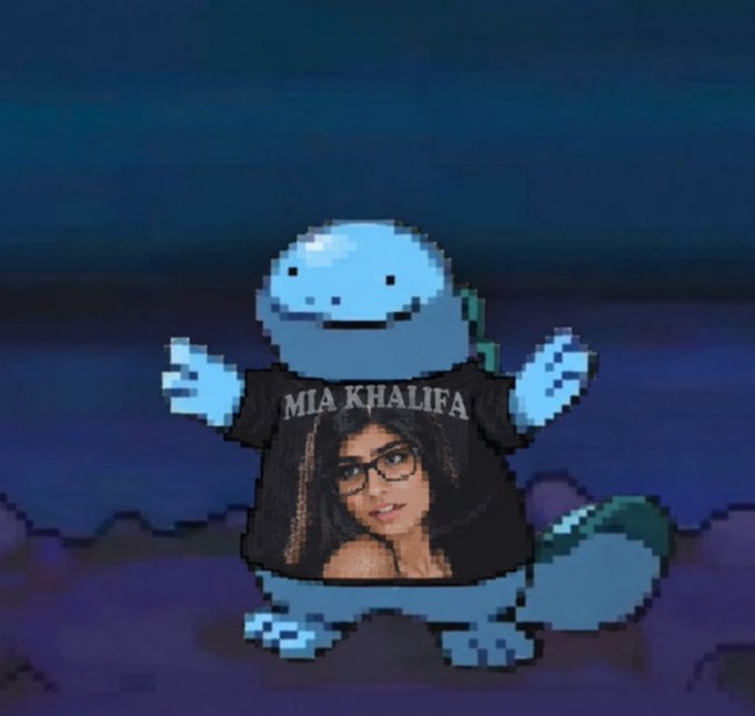 A pixel art image of the Pokémon Squirtle wearing a black t-shirt with 'MIA KHALIFA' text and a photo of a woman printed on it.