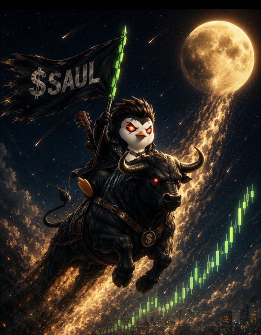 Digital artwork showing an angry penguin riding a black bull holding a '$SAUL' flag, with a green price chart rising on the right side.