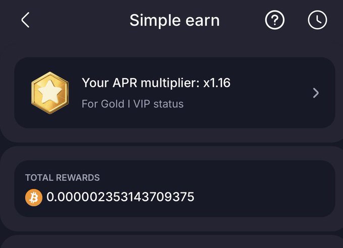 A screenshot of a crypto app's "Simple earn" page showing "Your APR multiplier: x1.16" for Gold I VIP status with total rewards of 0.000002353143709375 BTC.