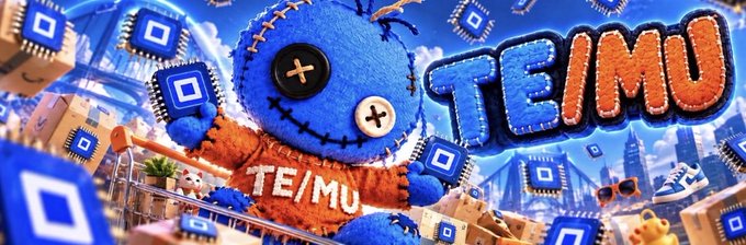 A promotional graphic featuring a stitched blue plush character alongside the stylized 'TEMU' logo, surrounded by shopping boxes and floating app icons.