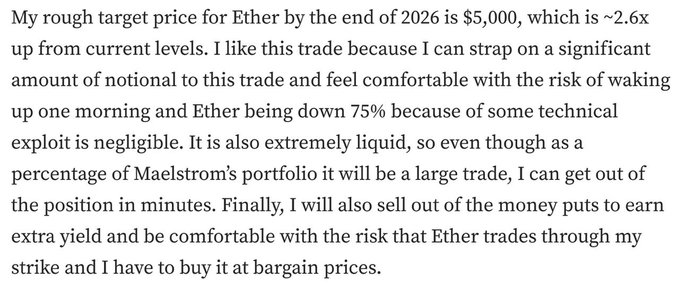 The image shows a paragraph outlining a trade thesis on Ether ($ETH), featuring a target price of $5,000 by end of 2026 (~2.6x upside) and explaining why the position is comfortable despite risks, liquidity concerns, and the strategy of selling out-of-the-money puts for extra yield. The accompanying post asking "short $ETH max leverage?" appears to misinterpret the strategy, as the text describes a bullish long-thesis trade on Ether rather than a short position.