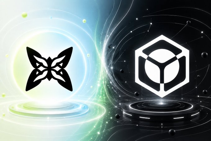 A digital graphic showing two cryptocurrency logos — a butterfly-like symbol on a light background and a hexagonal emblem on a dark background — facing each other with particle effects.