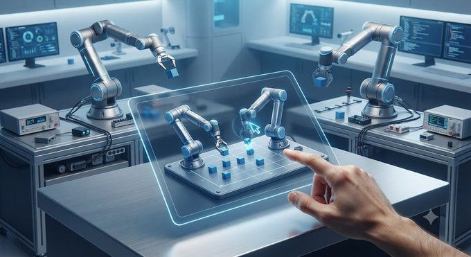 A futuristic laboratory scene with robotic arms interacting with a holographic interface displaying smaller robots, as a hand points toward the display.