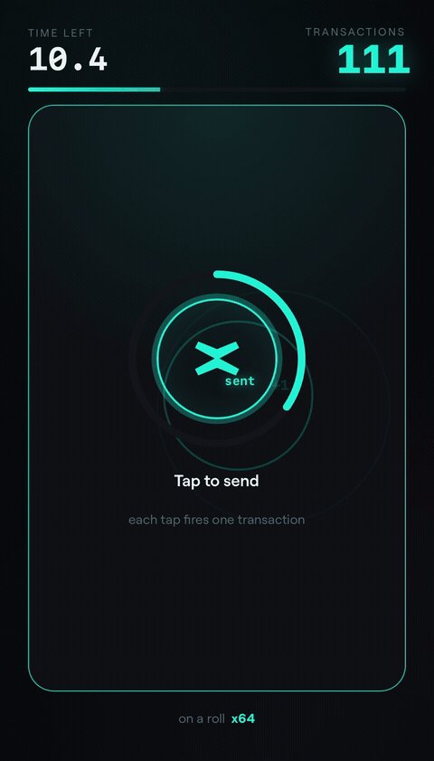 The image shows a phone screen displaying a game called "A 30-second tap game". The game involves making multiple transactions, with each tap being a real smart contract call that completes one transaction. The player's goal is to complete all the transactions in the shortest amount of time possible. The game also includes an onchain leaderboard and a comparison feature against how the same taps would finalize on other chains. The post suggests that the player has achieved their best score, as they have completed all the transactions within 30 seconds.